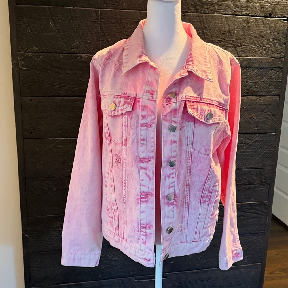 Pink Distressed Denim Jacket 💀 - Picture 3 of 5